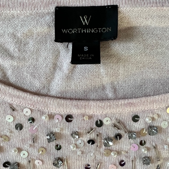 WORTHINGTON Pink Beaded Sequin Embellished Sweater Small Crew Balloon Sleeve - Picture 3 of 8